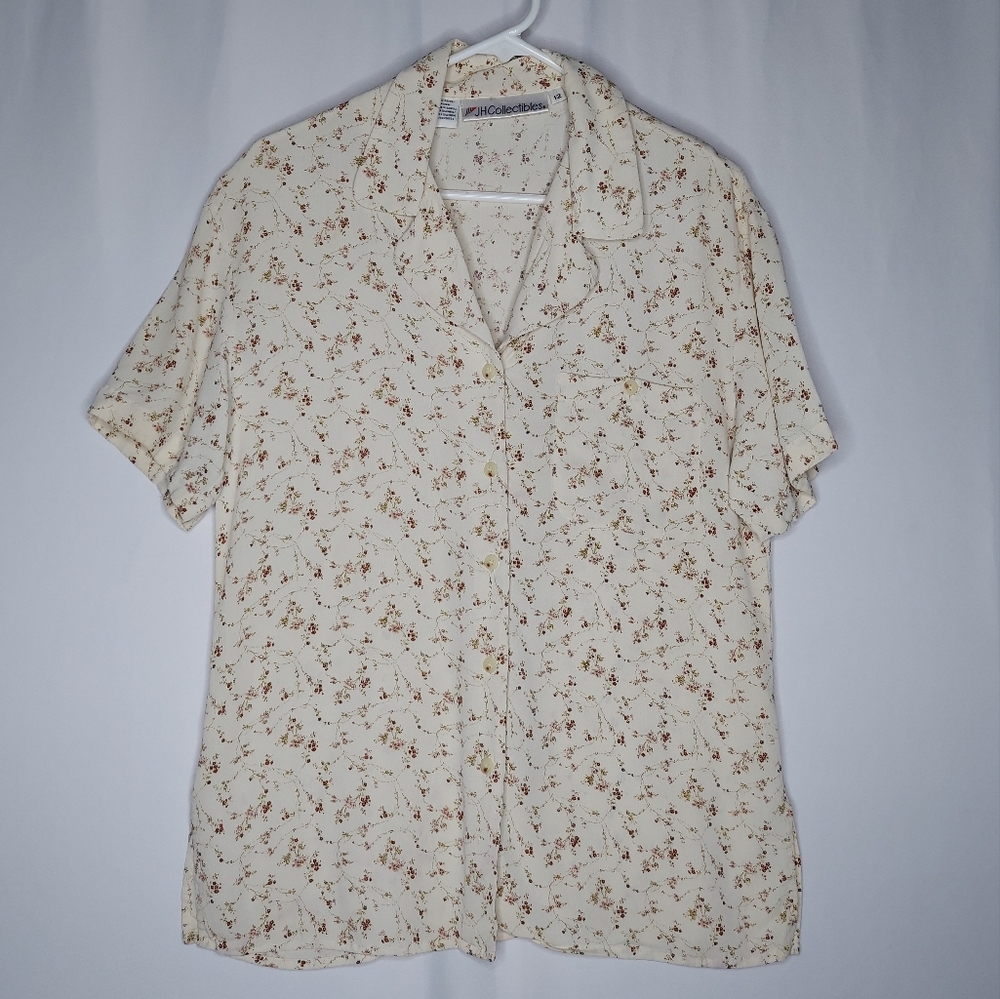 JH Collectibles Floral Button Shirt Women 12 Cream Red Ditsy 90s Coastal Cowgirl